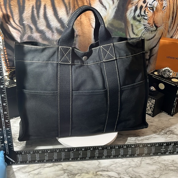 HERMES Fourre Tout MM Tote Bag Handbag Canvas Black with White Stitching in GUC - Picture 9 of 16